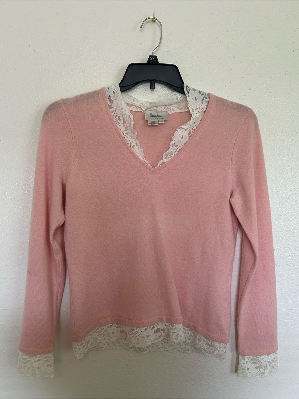 Neiman Marcus Pink V-Neck Sweater with White Lace Trim